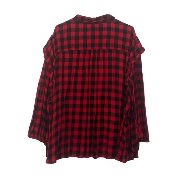 Cato Red & Black Plaid Button-Up Shirt With Ruffle Sleeves Womens Size 26/28W - Picture 9 of 12